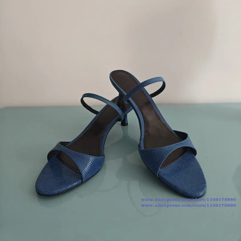 Bright Blue Embossed Leather Slide Sandals Thin Strap Open Toe Mules Kitten Heel Dress Party Shoes Sandalias De Mujer Verano