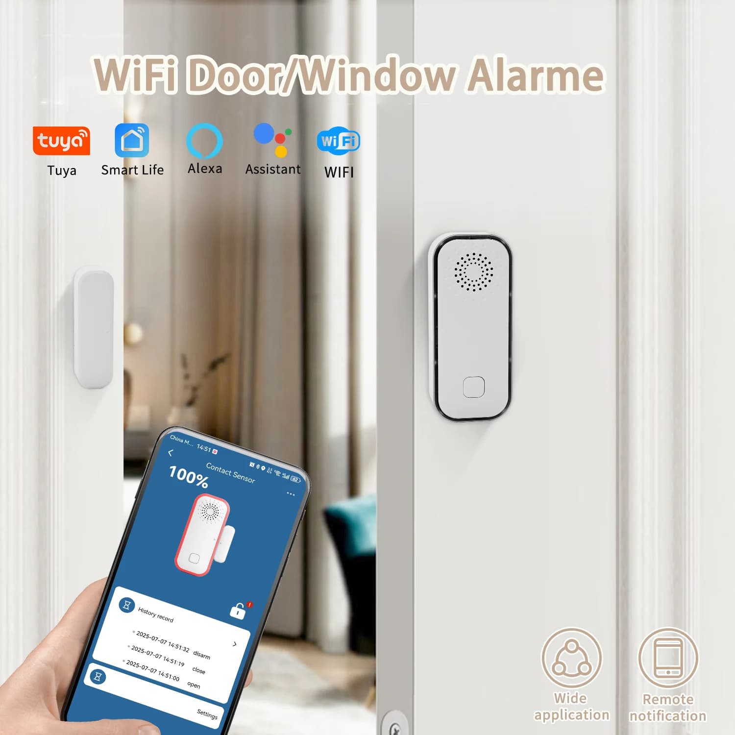 Sensore WiFi Tuya per Porte e Finestre, Rilevatore di Apertura/Chiusura, Allarme Antifurto 70 Decibel, Sistema di Sicurezza Domestica Smart Life