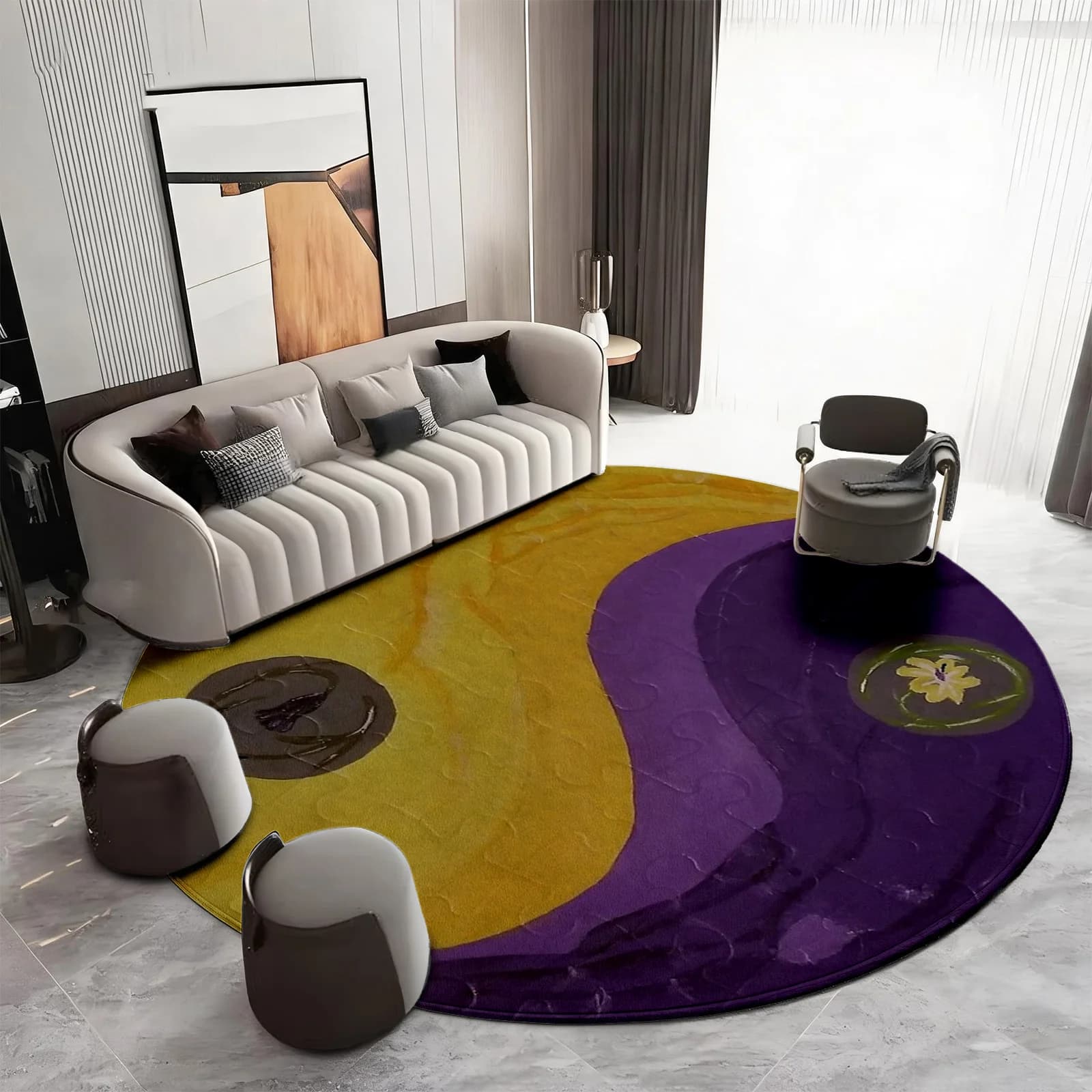 Modern Abstract Round Geometric Area Rug Yellow Purple Gradient Living Room Mat Decor Floor Covering for Sofa Seating Area Home