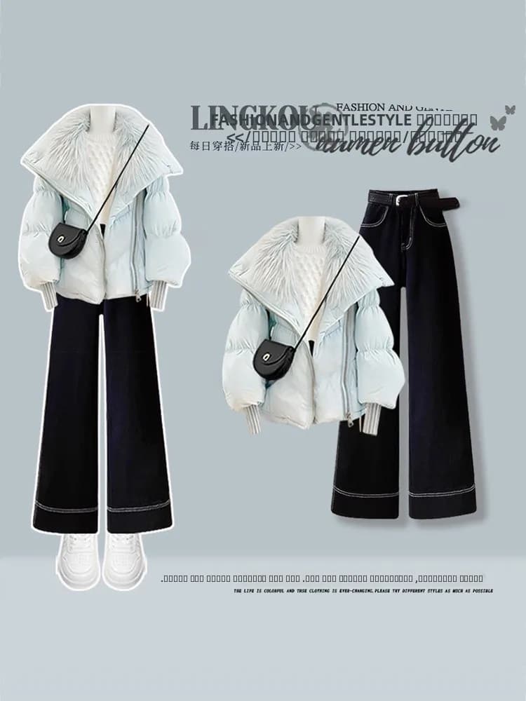 Completo in maglia da donna taglie forti autunno/inverno con giacca in cotone con collo in pelliccia, jeans a gamba dritta e top a maniche lunghe slim fit