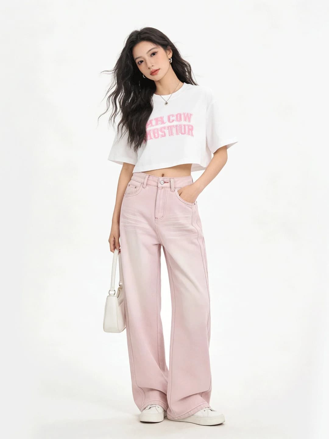Gradual Pink Soft High Waist Draping Korean Style Wide Leg Jeans Spring New Arrival Slimming Drapey Commute Straight Long Pants