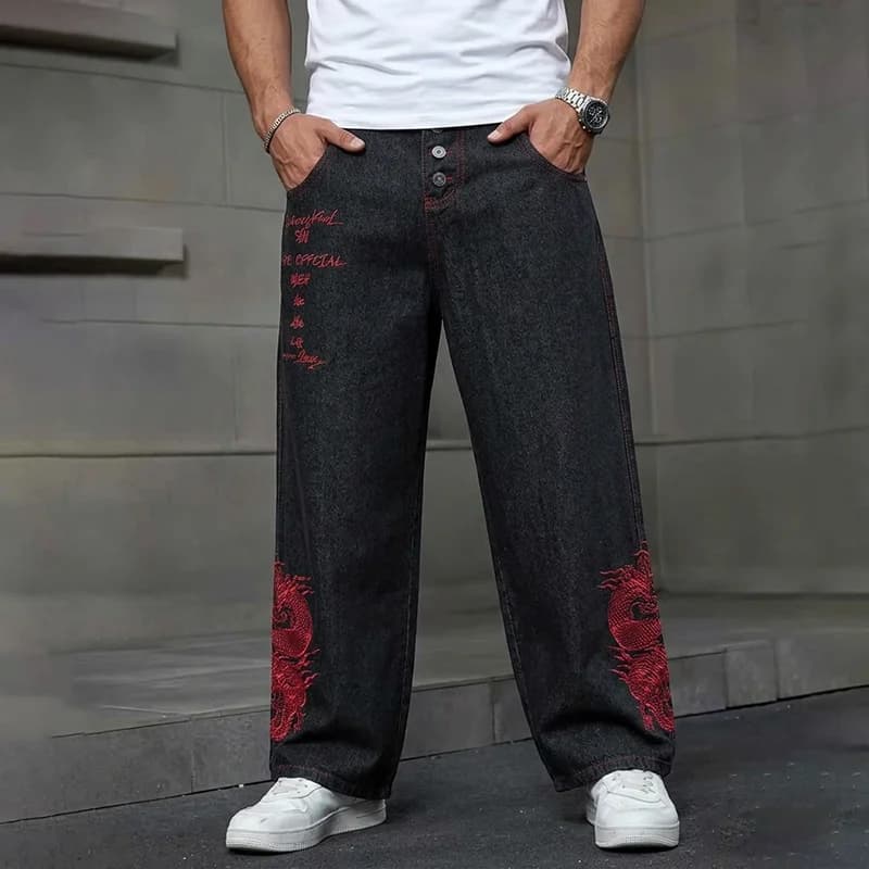 Men's Wide Leg Jeans Vintage Embroidered Straight Loose American Street-Style Hip-Hop Black Multiple Button Design Denim Pants