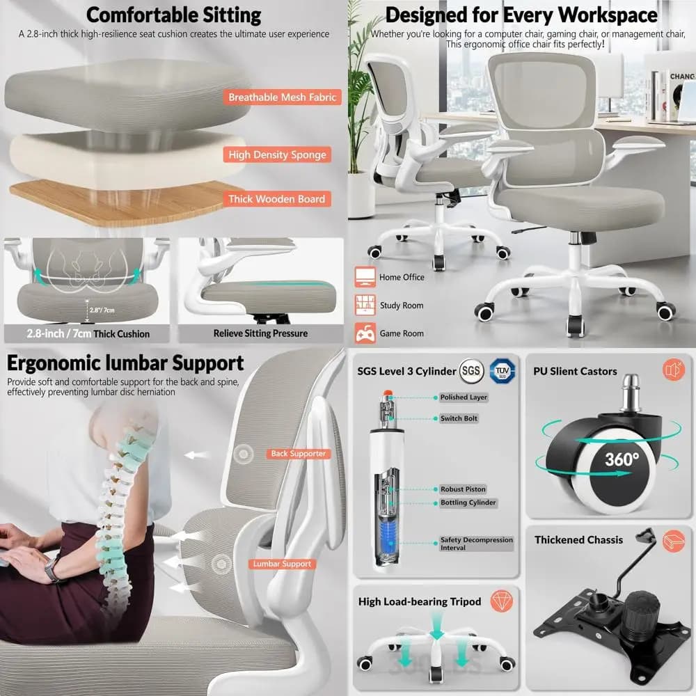 Sedia da scrivania ergonomica in rete traspirante con supporto lombare, braccioli regolabili, adatta per ufficio domestico, gaming e adulti (Lig