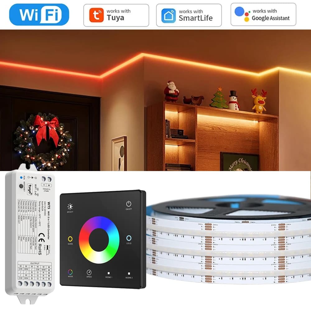 10M 20M Tuya WiFi COB RGB + CCT LED Strip 24V Dimmerabile Dotless Room Light Decor Tape Band RF Touch Remote f Alexa Google Assistant