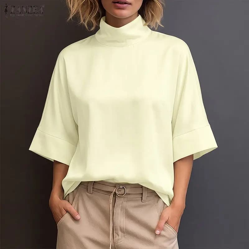 ZANZEA Woman Autumn Casual 3/4 Sleeve Blouses Mock Neck Loose Solid Shirts 2026 Vintage Daily Wear Blusas Mujer Plus Size 5XL