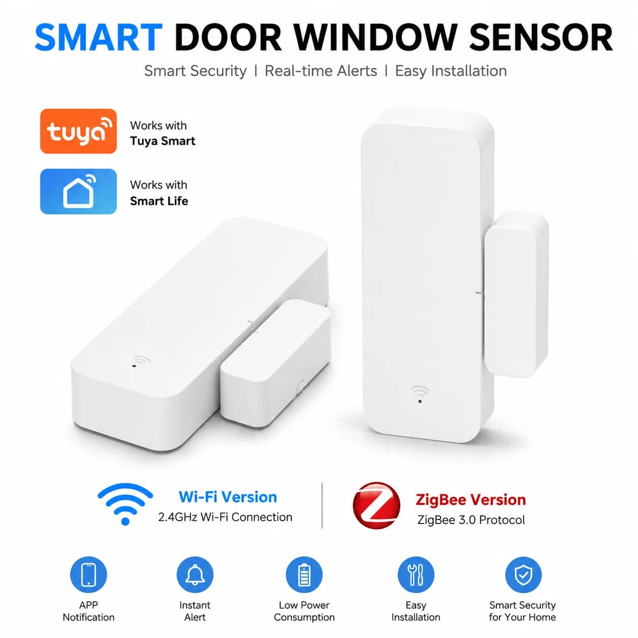 Tuya WiFi Zigbee3.0 Door window Sensor Smart Home Open/Closed Detectors Window Sensor Works With Z2MQTT ZHA Google Home Alexa