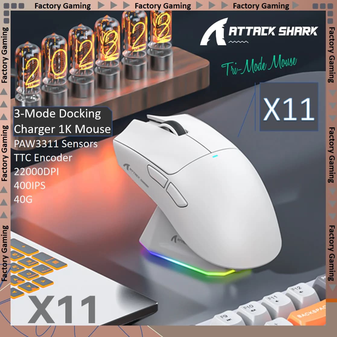 Mouse from Gaming Wireless Attack Shark X11&R1 - Tri-Mode, Sensor PAW3311, 22K DPI, 400 IPS, Gaming RGB Mouse for PC
