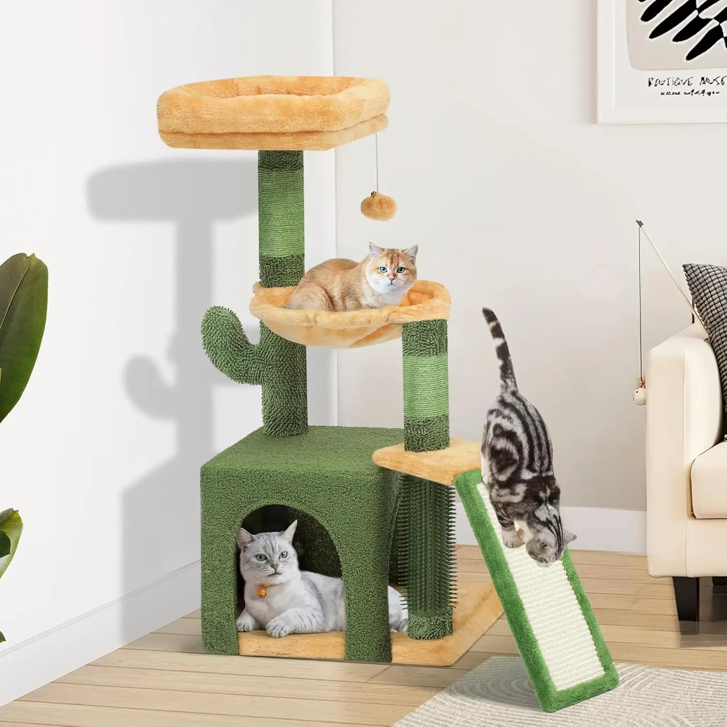 Torre per Gatti a Forma di Cactus Alta 37 Pollici: Adorabile Torre da Arrampicata per Gattini con Spazzola per Auto-Pulizia, per Gatti da Interno con Cuccia per Gattini