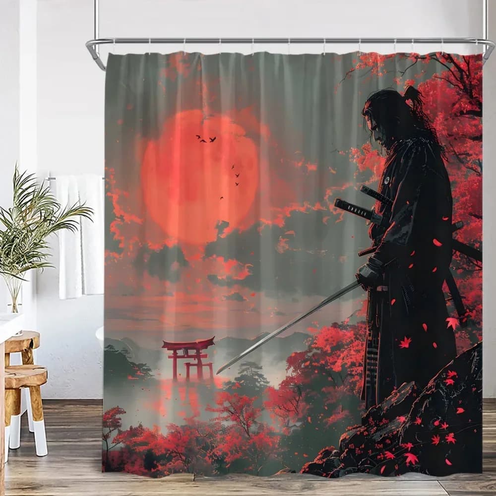 Japanese Ink Style Samurai Red Maple Torii Gate Sunset Print Shower Curtain Waterproof Mildew Resistant With Plastic Hooks Easy