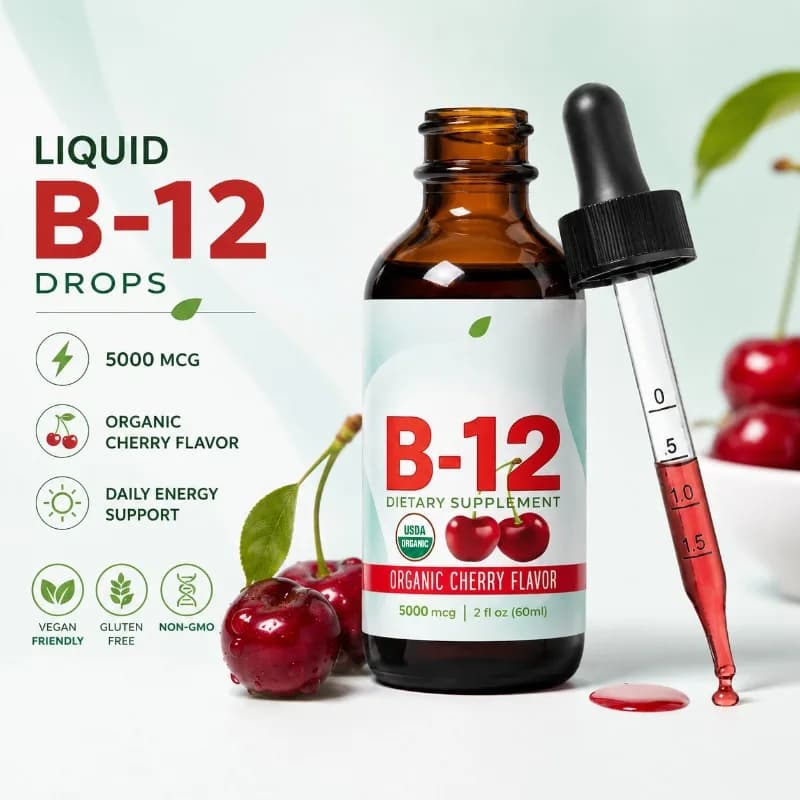 Vitamin B12 Methylcobalamin Drops 5000mcg, Vegan Sugar Free Sublingual Liquid Supplement Cherry Flavor Daily Support 60ml