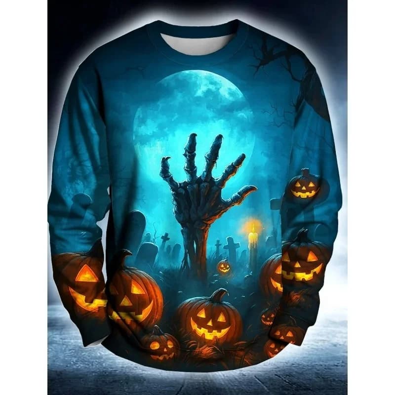 3D printed Halloween pumpkin pattern men's T-shirt, skeleton and dollar pattern pullover long-sleeved autumn casual round-neck T
