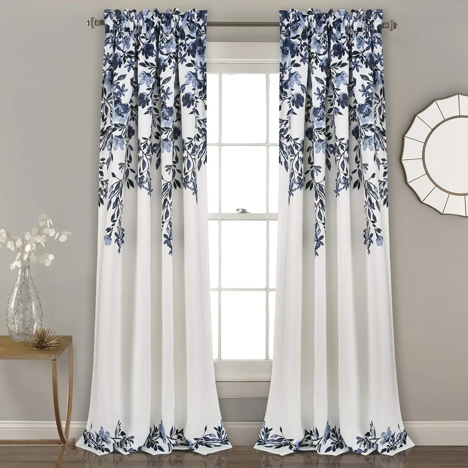 Tende Filtranti con Stampa Floreale a Motivo Vigneto, Blu Navy e Bianco, Arredamento Moderno ed Elegante per la Casa, 132 cm L x 213 cm L