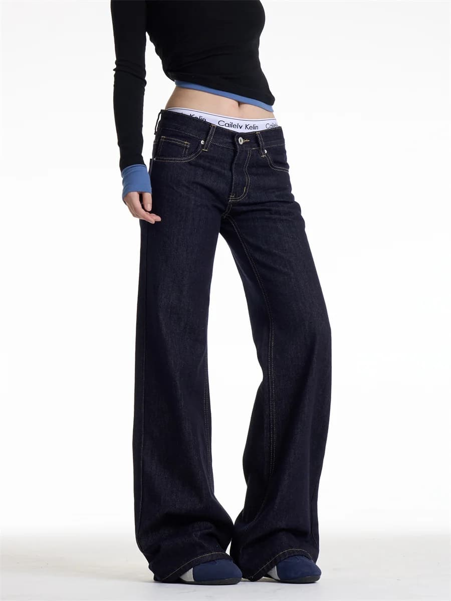 Jeans a Vita Bassa, Gamba Dritta, Blu Scuro, Versatili ed Eleganti, Pantaloni a Zampa d'Elefante alla Moda per l'Autunno