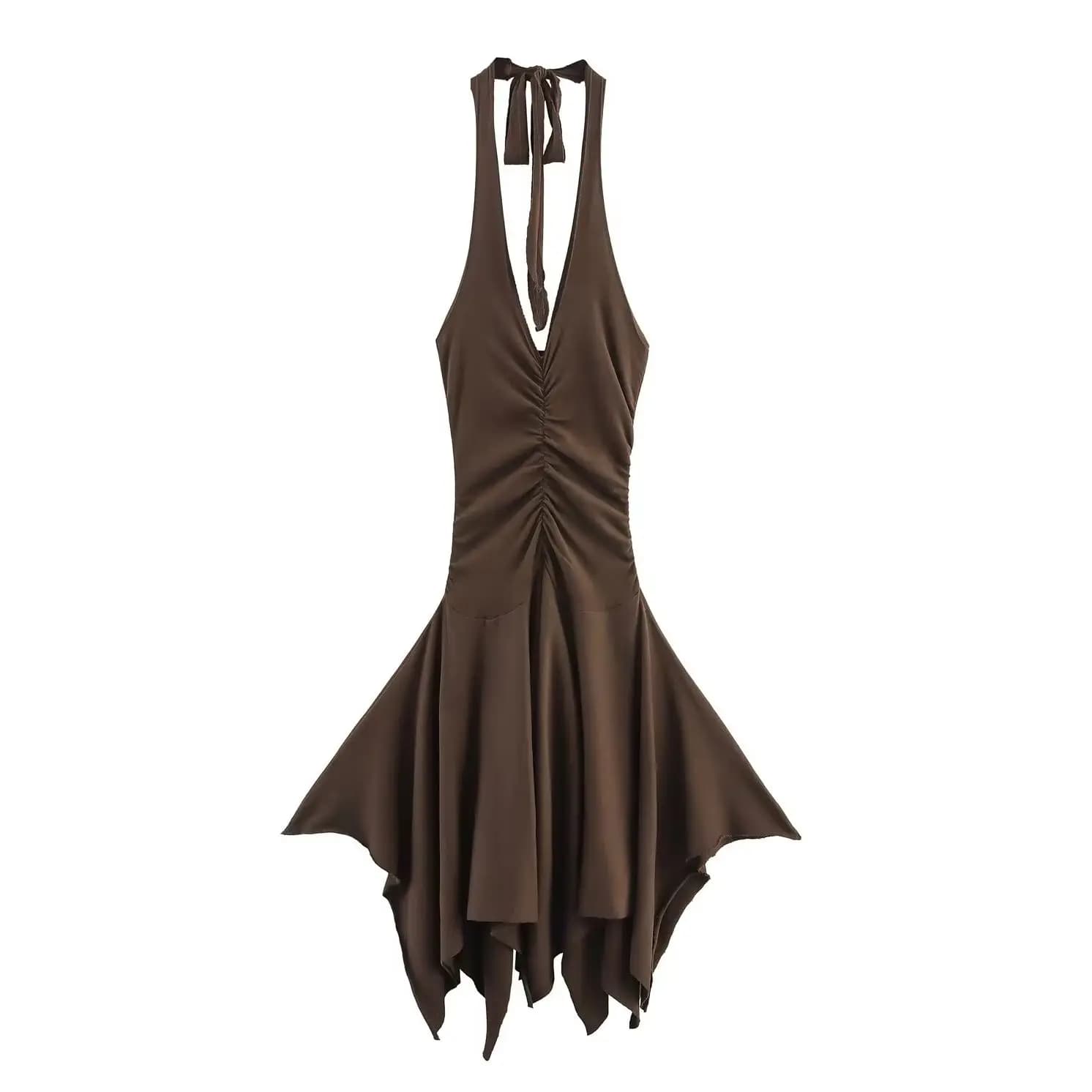KONDALA Chic Brown Sexy Fashion 2025 Women's Dresses Nappa Party Backless Neck-mounted Mini Party Dress Pleated Female Dresses