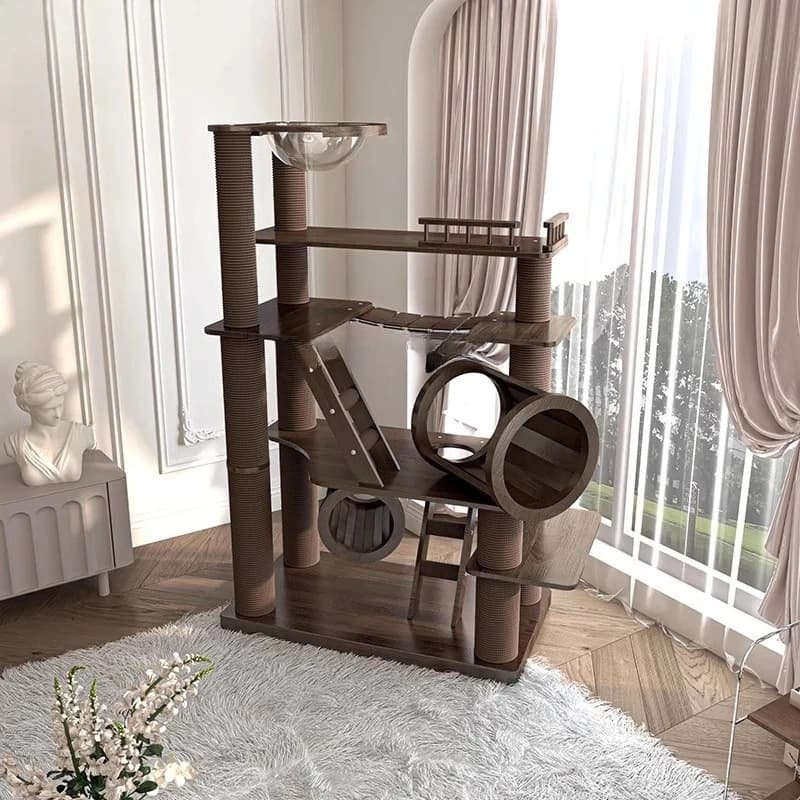 Grande struttura da arrampicata per gatti in legno massello, albero nido, castello integrato, laccato, colore noce nero