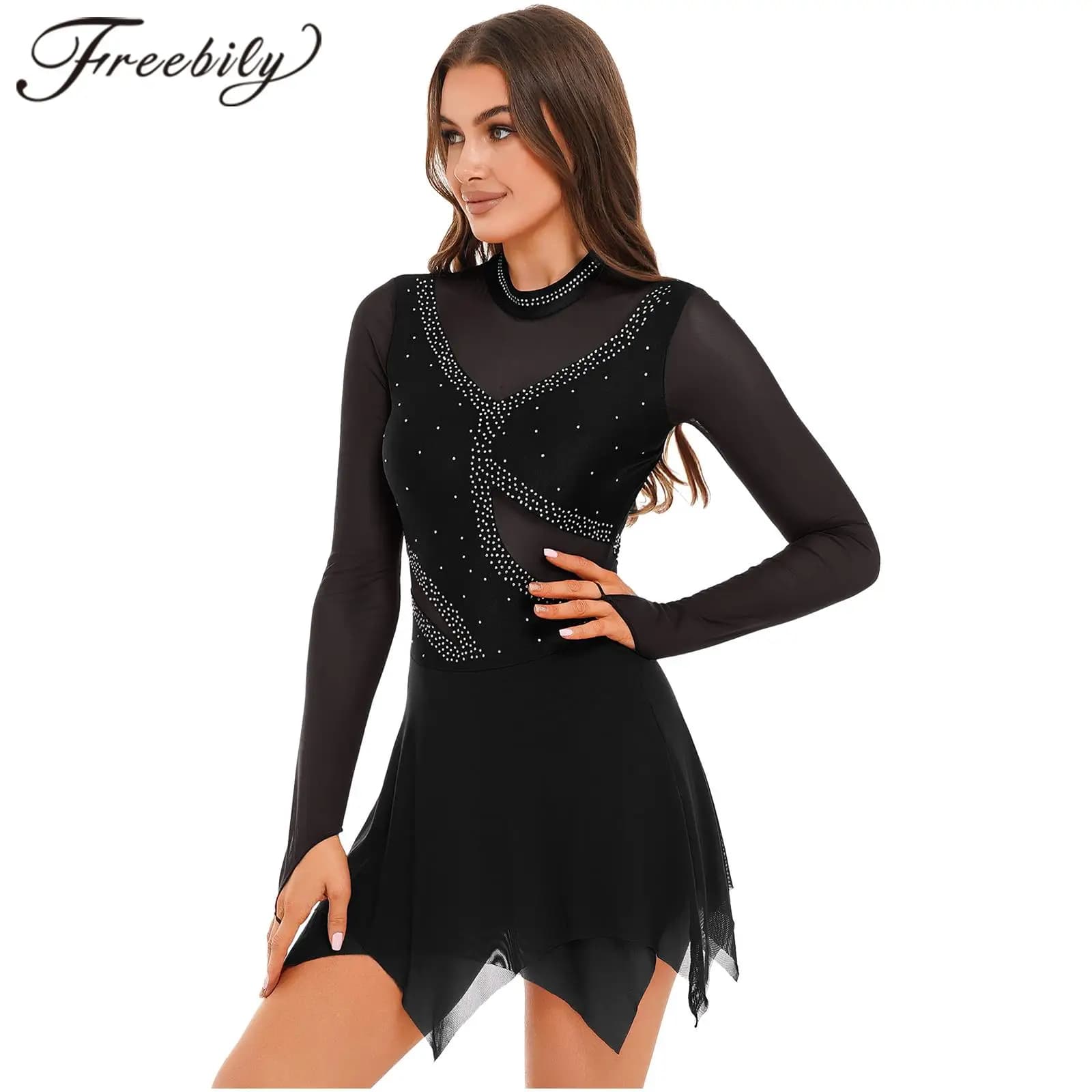 Abito da pattinaggio su ghiaccio da donna strass lucidi Costume da pattinaggio artistico maniche lunghe ginnastica body con gonna balletto Dancewear