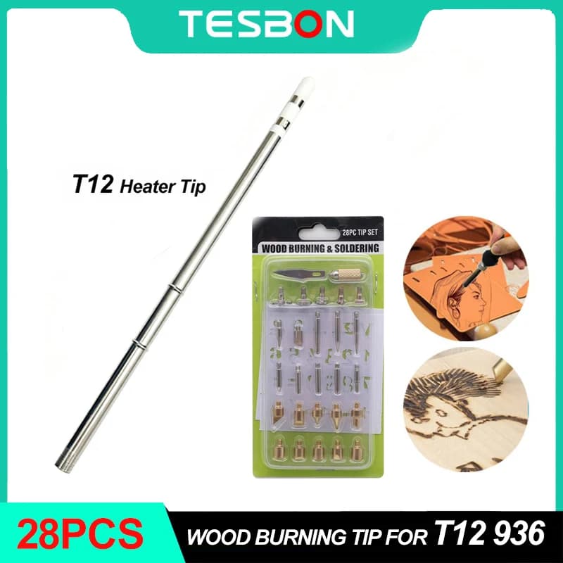 28PCS Wood Burning Tips Set Pyrography with T12 936 Heat Insertion Nut for DIY Embossing Carving Crafts Wood Burning Tool Kit