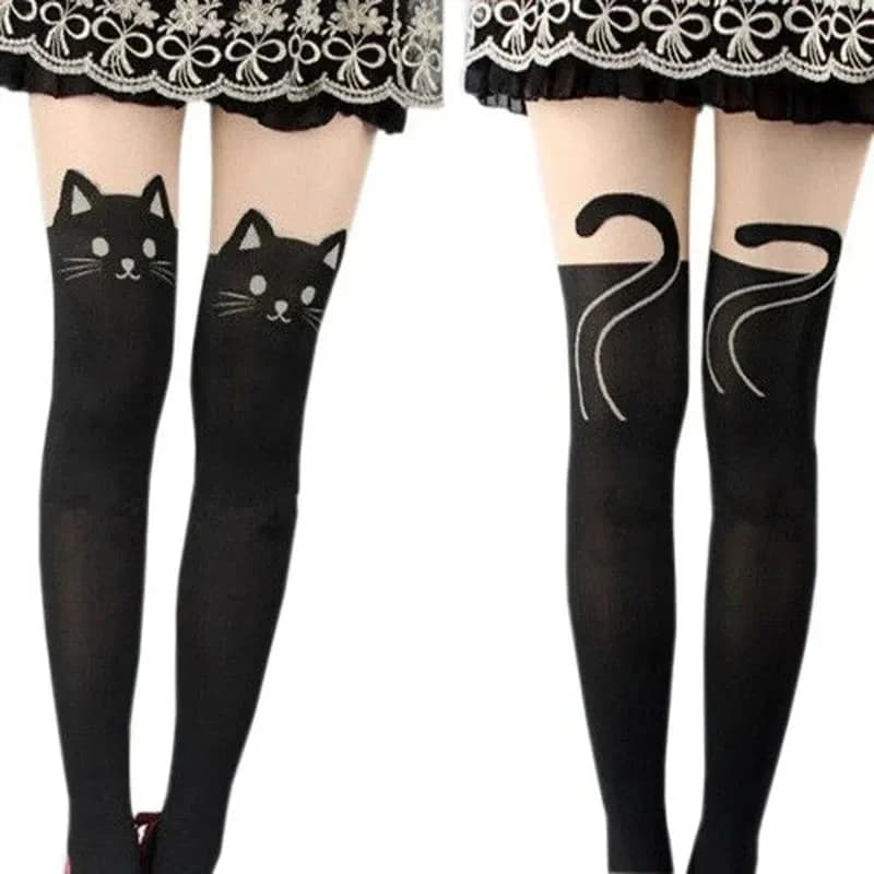 Women's Cute Black Cat Printed Silk Knee Socks Hot Cotton Casual Socks Over Knee Sweet Romantic Socks Lady Cat