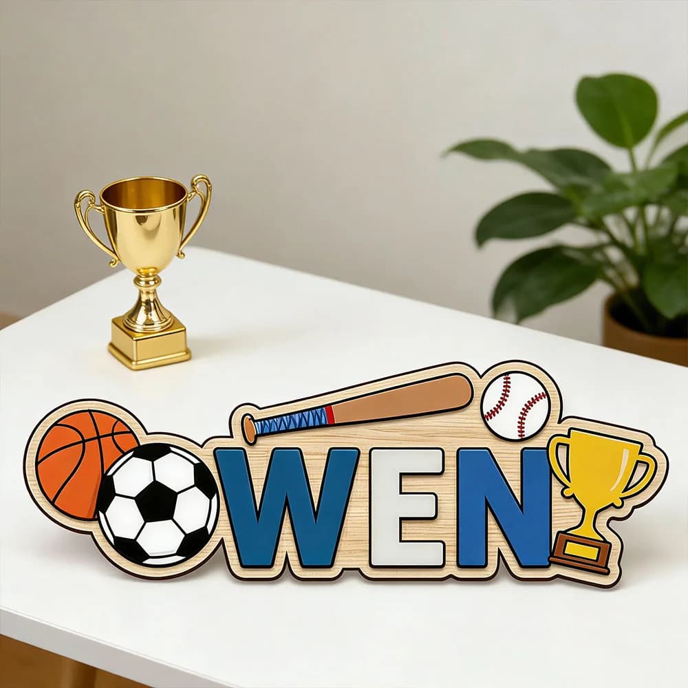 Custom Wood Plate for Door with Name and Sports Theme (Basket, Football, Baseball) for Kids Room