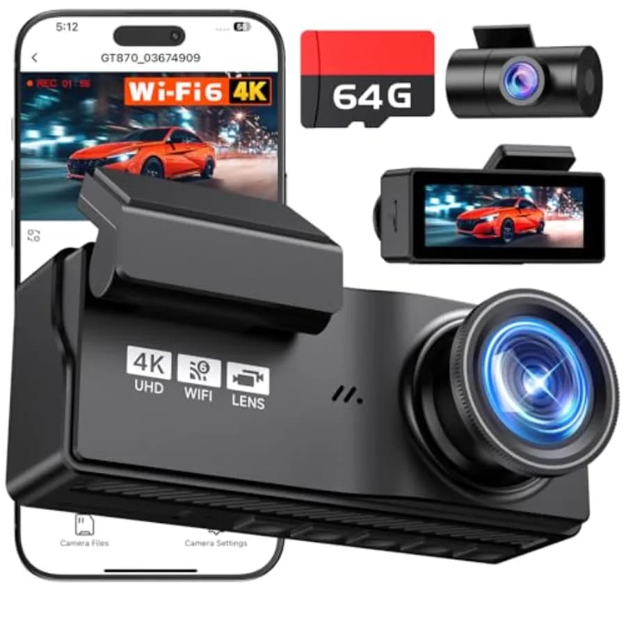 Car dash cam system for front and rear use, made of durable plastic, black color, featuring 4K+4K resolution, 64GB card include