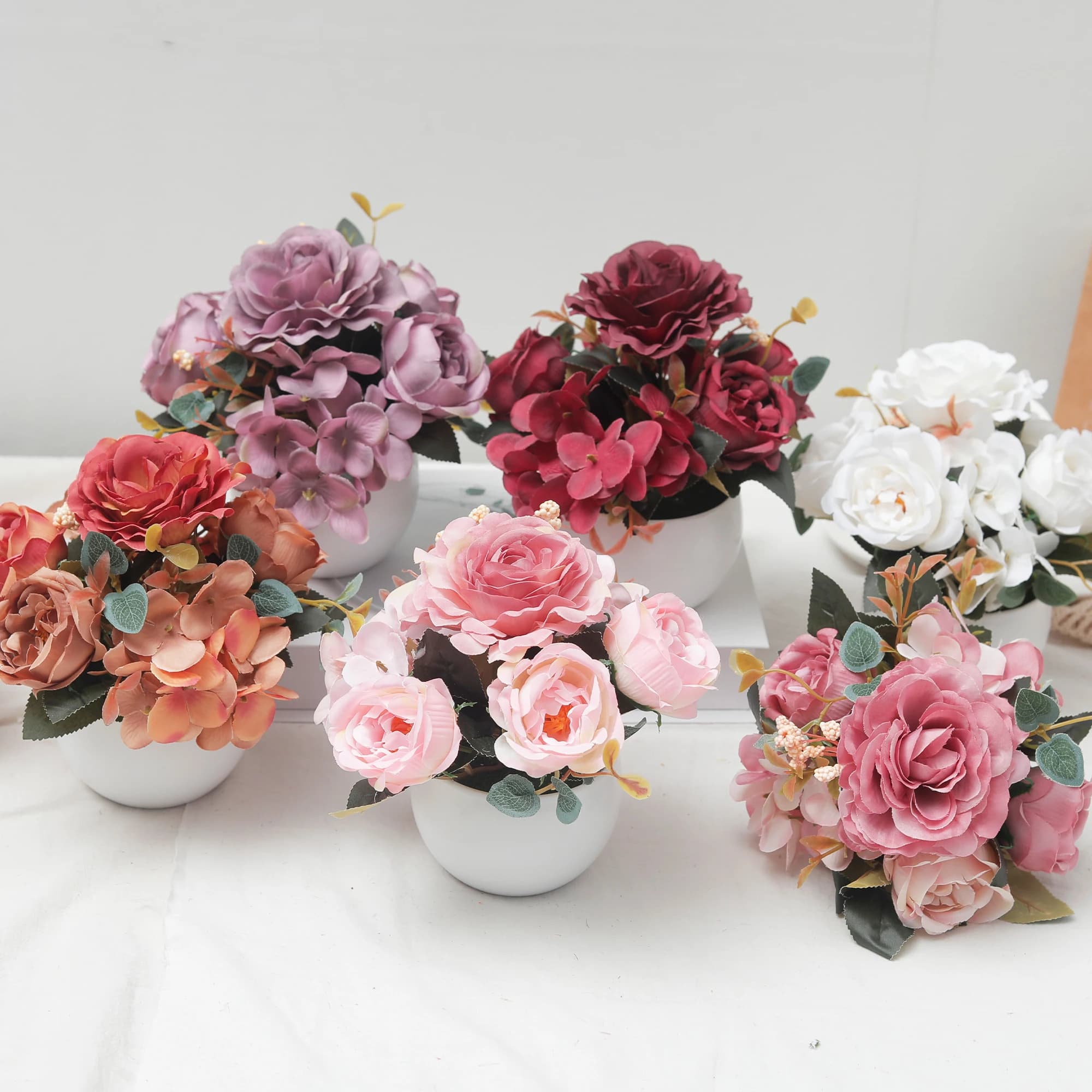 Artificial Flowers Retro Silk Rose Bonsai Hydrangea Peony Fake Potted Plants Home Desktop Decor Wedding Garden Party Accessories