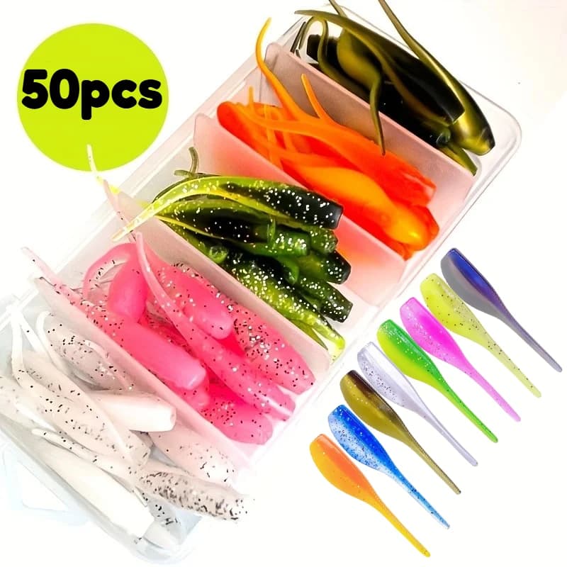 50 pz/scatola Trota Magnete Esca Doppio Colore Pesca Richiamo Morbido Ago Coda 5 cm Giraffa Artificiale Esca In Silicone Verme Wobblers Affrontare