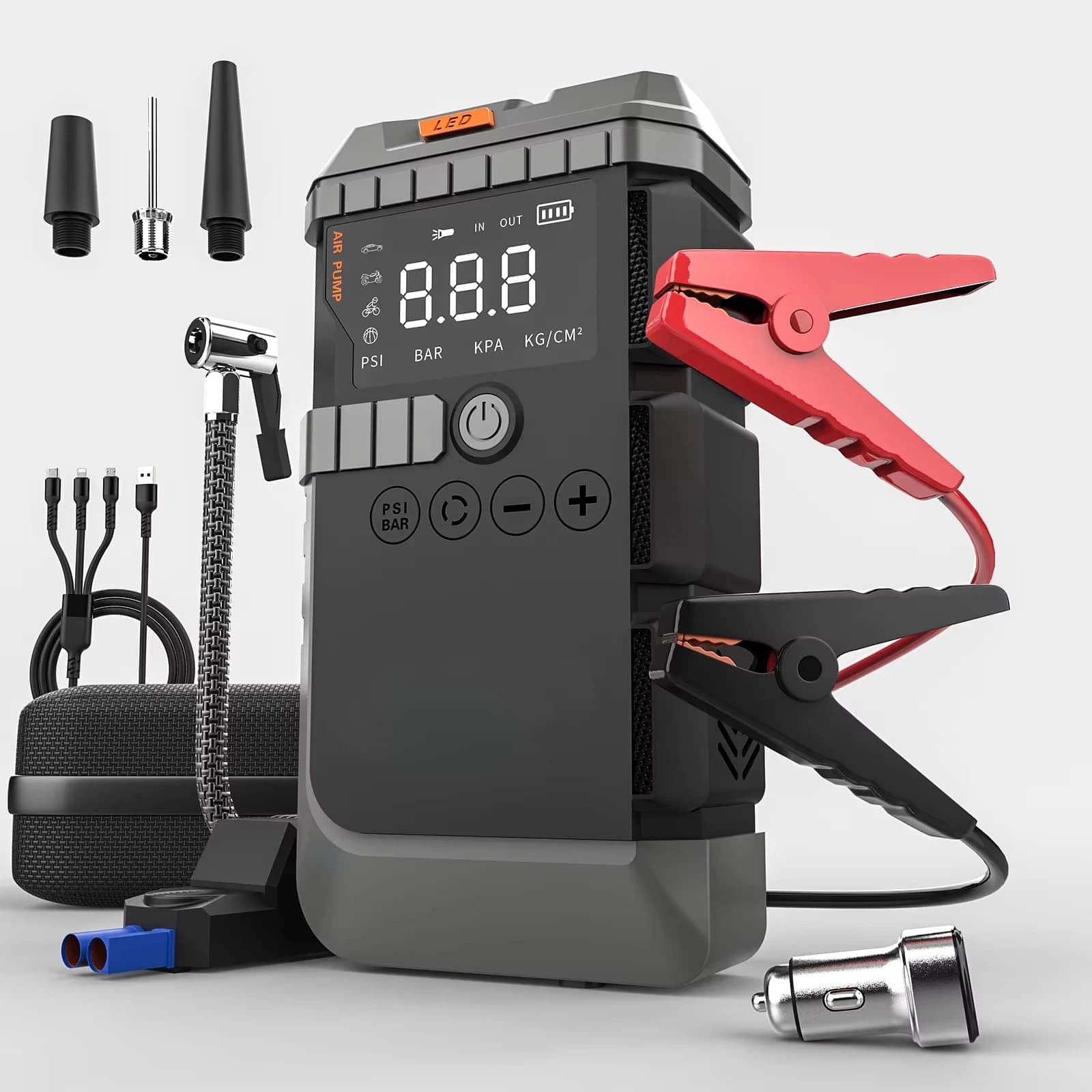 Avviatore d'Emergenza Portatile 6 in 1 per Auto con Power Bank, Pompa ad Alta Potenza, Caricabatterie 12V e Gonfiatore