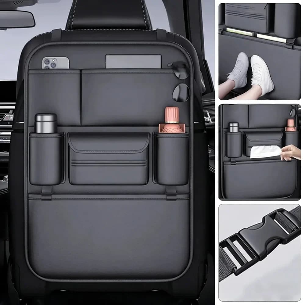 Nuovo Organizer per Sedile Posteriore Auto in Pelle Impermeabile Anti-Graffio con 6 Tasche, Resistente all'Usura, Porta Fazzoletti/Porta Bicchieri