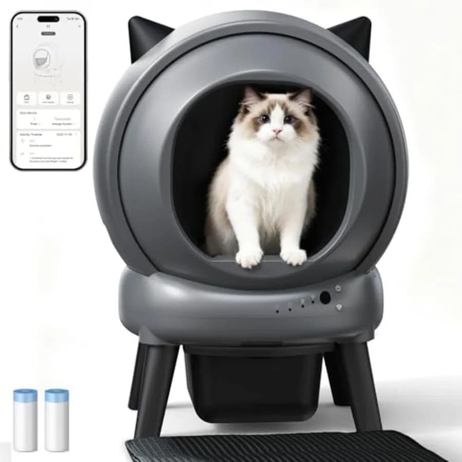 Lettiera autopulente E2 automatica per gatti con 2 sacchi per i rifiuti e tappetino igienico, nera, per uso domestico, controllo avanzato degli odori
