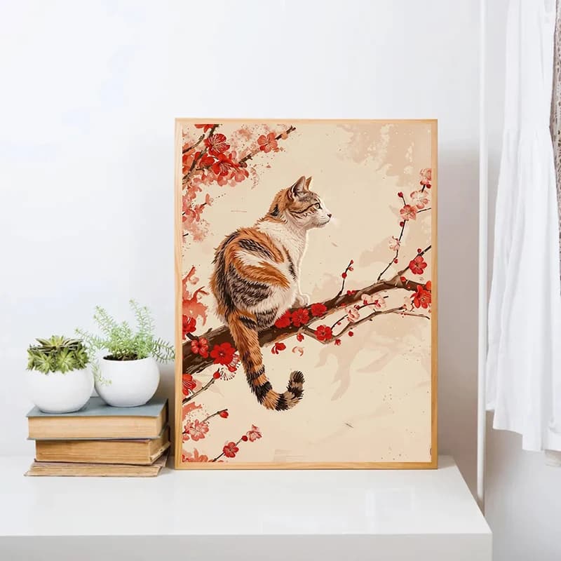 Poster con gatto nero e albero di ciliegio, paesaggio giapponese, stampa su tela, decorazione da parete per soggiorno, decorazioni per la casa, quadri