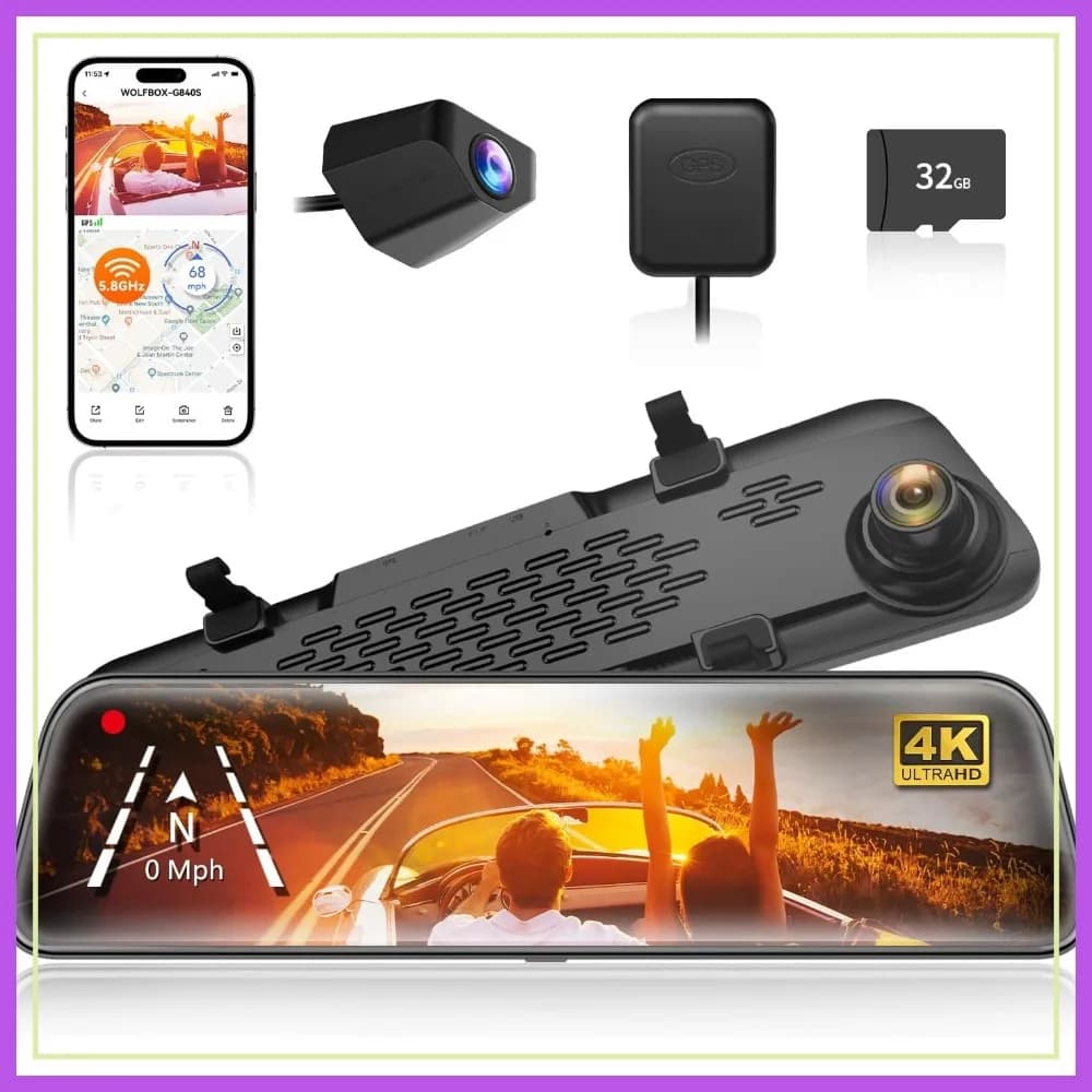Specchietto Retrovisore con Dash Cam 4K da 12 Pollici, WiFi 5.8GHz, Telecamere Anteriori e Posteriori, Visione Notturna, Assistenza al Parcheggio, Scheda 32GB e GPS Inclusi