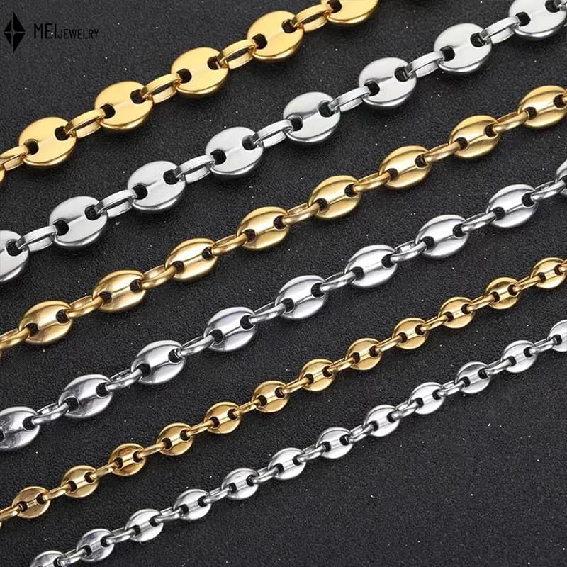 Wholesale Jewelry No Fade Golden Stainless Steel Long Coffee Beans Necklaces Bracelet Jewelry Set for Men
