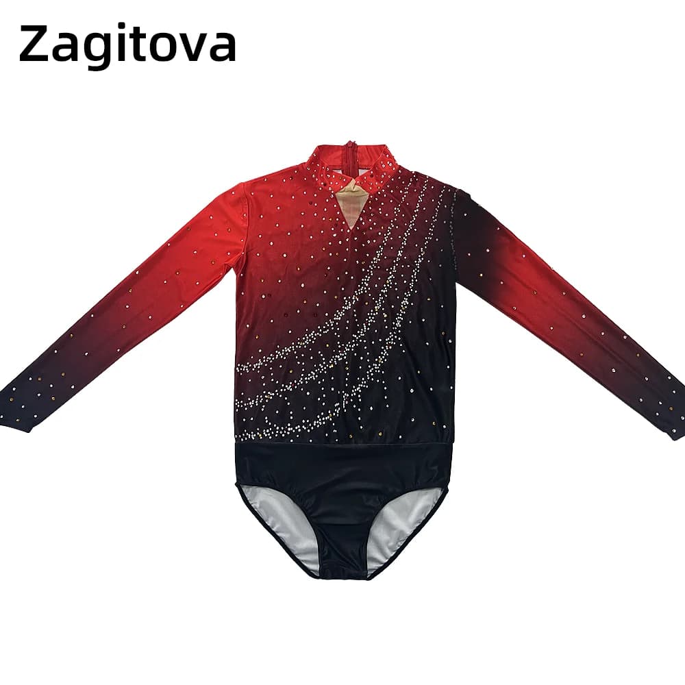 ZAGITOVA Abito da Pattinaggio Artistico per Uomini e Ragazzi, Abbigliamento per Pattinaggio su Ghiaccio, Tuta da Ginnastica Acrobatica con Diamanti, Sfumatura Nero-Rosso