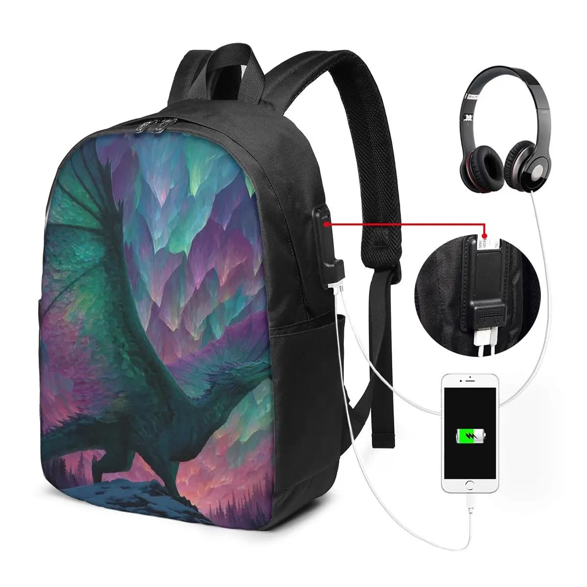 Nordic Aurora And Dragon Soaring Sky Backpack Travel Notebook Bag Computer College Student School Bag Laptop Shoulder Bags