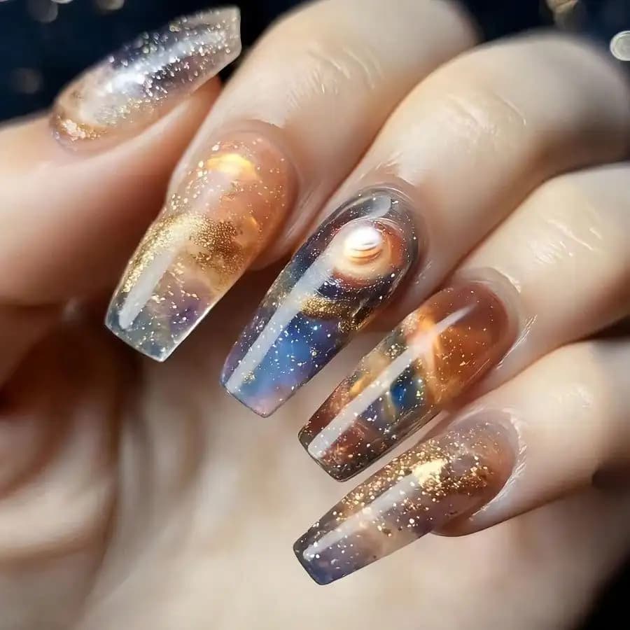 24 Pezzi Unghie Finte Adesive Effetto Notte Stellata Scintillante, Riutilizzabili, per Donna, Nail Art Carina