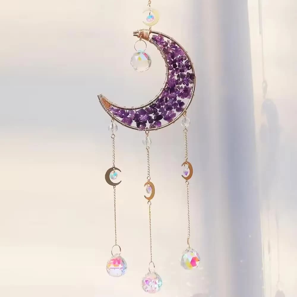 Amethyst Moon Sun Catcher Wind Chime - Crystal Hanging Ornament for Window Home Decor & Gift
