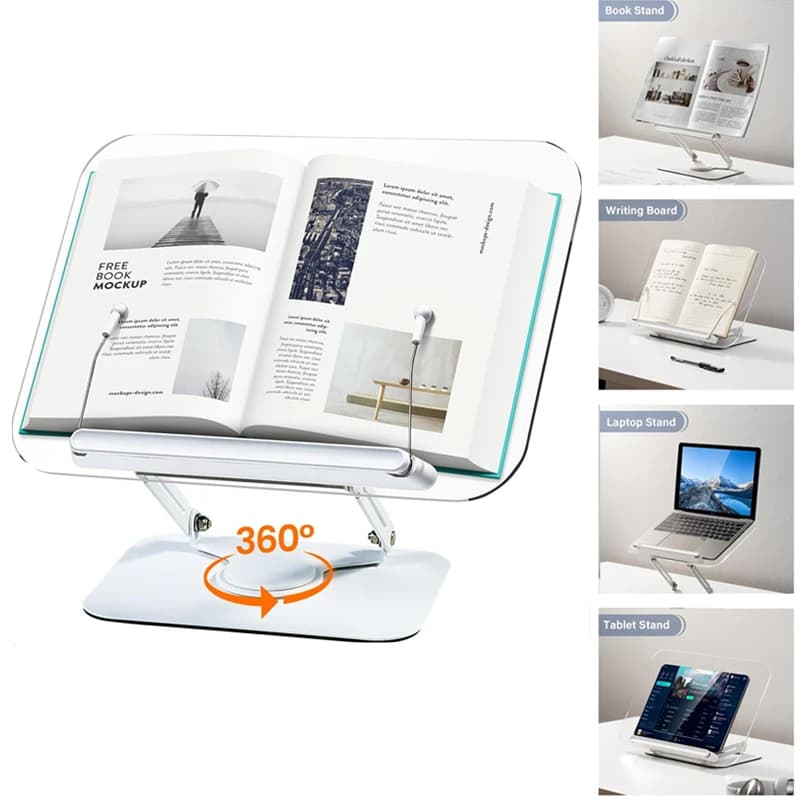 Supporto per libri in acrilico per la lettura supporto per libri regolabile con Base rotante a 360 ° clip elastiche per pagine supporto pieghevole per Laptop