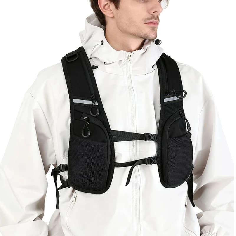 Gilet Nero con Tasche, Zaino Monospalla, Borsa da Petto Hip-hop Streetwear con Nastro Riflettente per Uomo, Marsupio Multitasche Regolabile