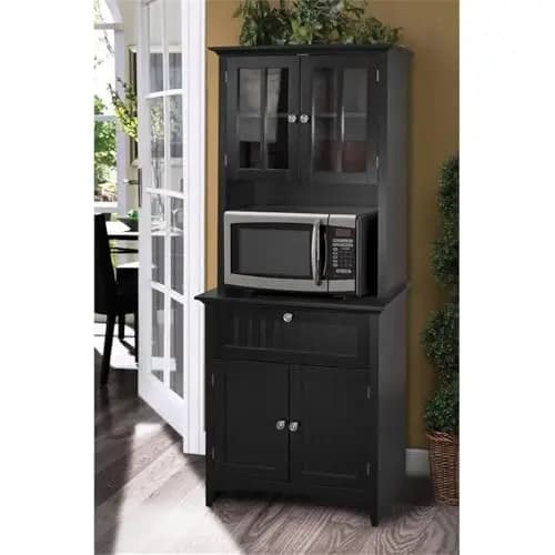 Black Kitchen Storage Cabinet With Glass-Paneled Hutch, Drawer, And Lower Cupboard For Dining Or Office Use