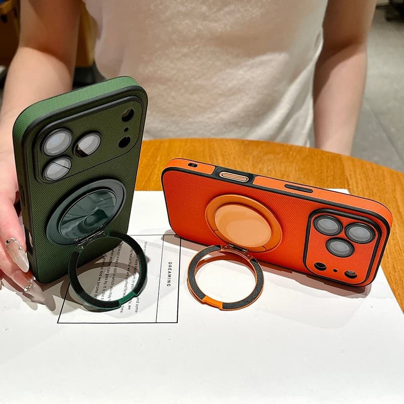 Luxury Cross Grain Leather For Magsafe Magnetic Phone Case For iPhone 17 16 15 14 13 Pro Max Rotating Ring Stand Holder Cover