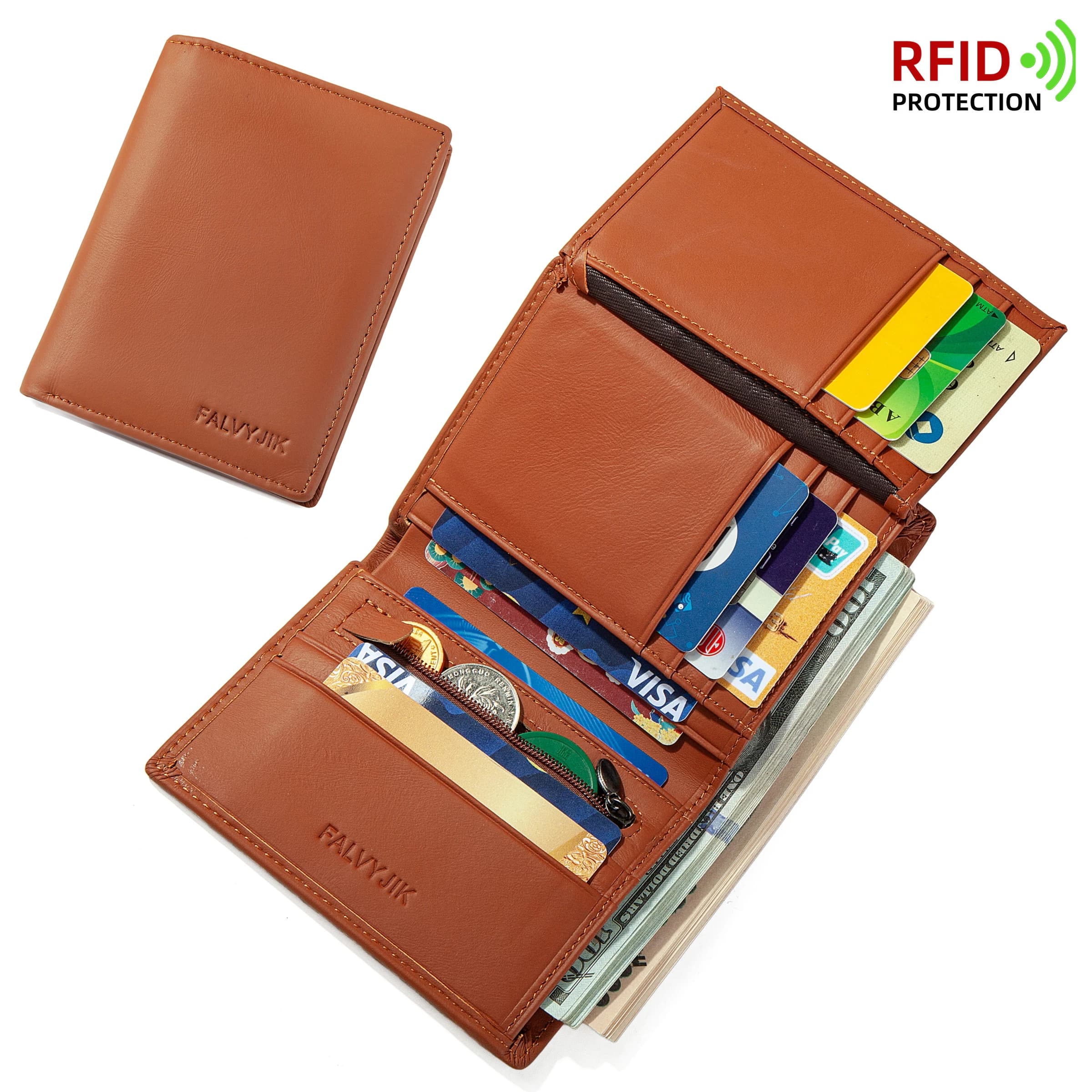 Men Wallet Genuine Leather Wallets for Men Zipper Purse Vertical Business Wallets RFID Anti-Theft Credit Card Holder Money Bag