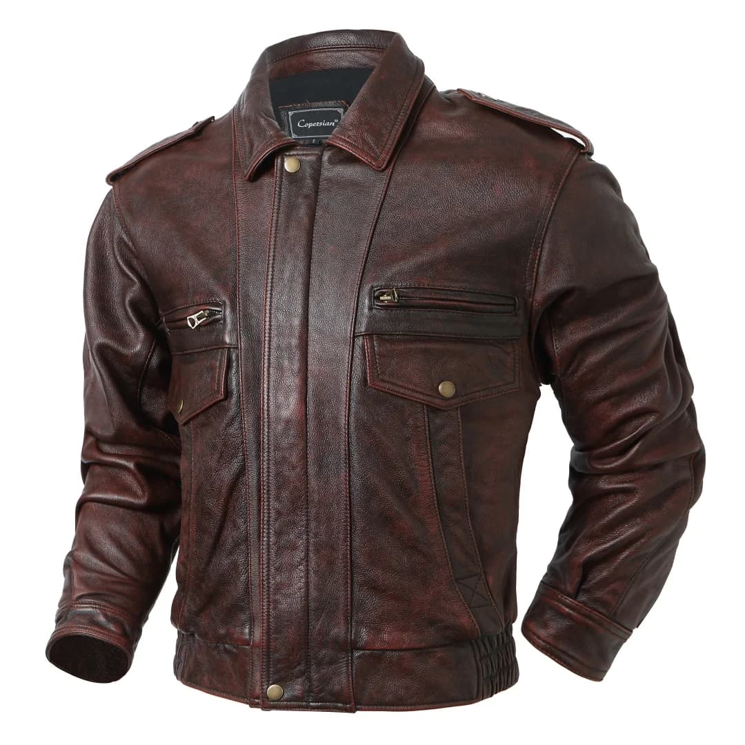 Retro Distressed Top Layer Cowhide Genuine Leather Jacket Men's Armor Loose Large Size Leather Jacket Hong Kong Style L...