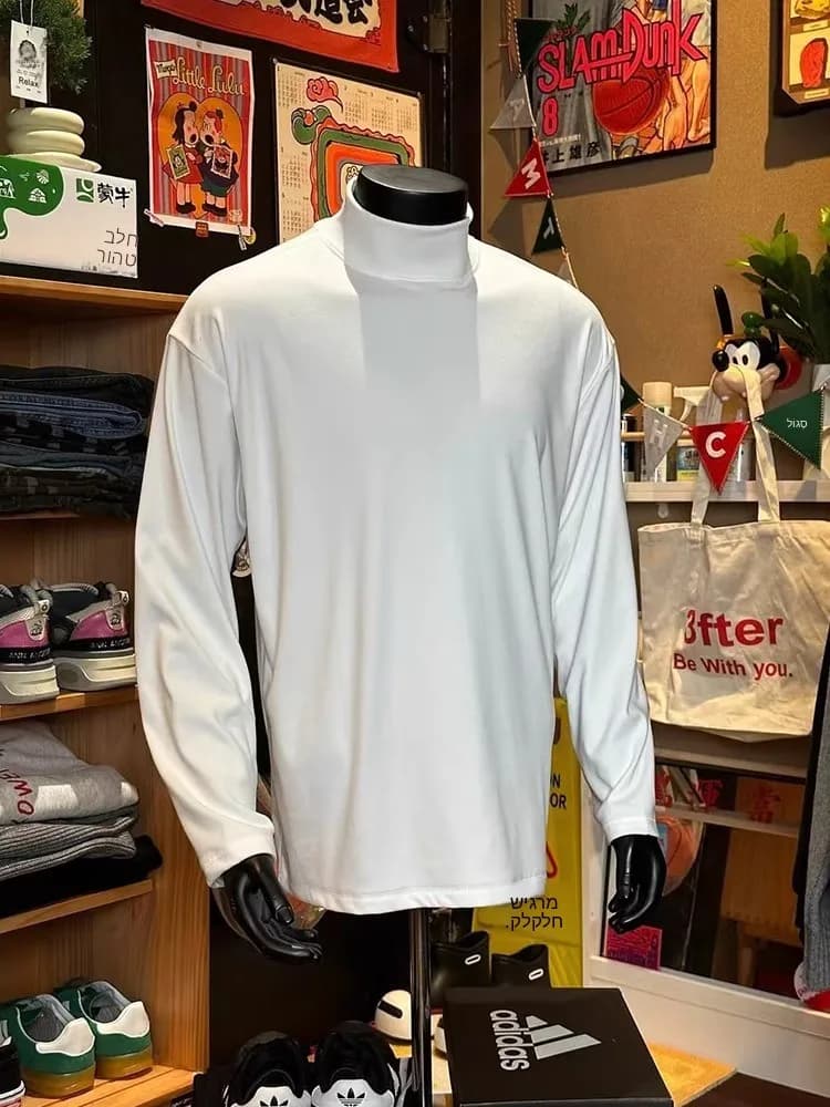 White Long Sleeve Half High Collar Men's Base Shirt Autumn Winter Warm Inner Wear T-Shirt Fleece Lined Hoodie Base Layer Top