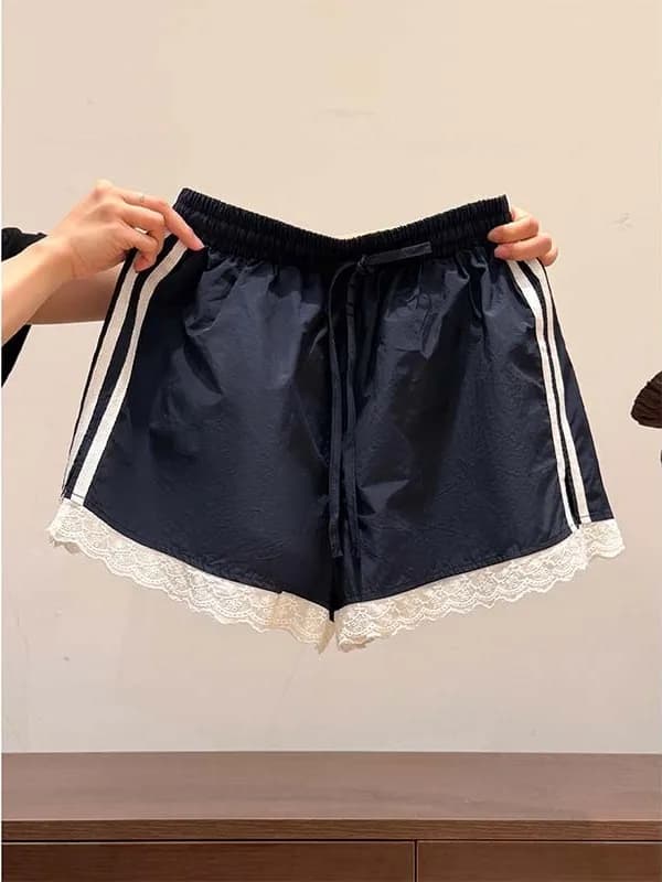 Casual High Waist Lace Patchwork Sports Pants Women's Blue Sports Shorts Spring Summer New Style Elastic Versatile Ladies Tro...