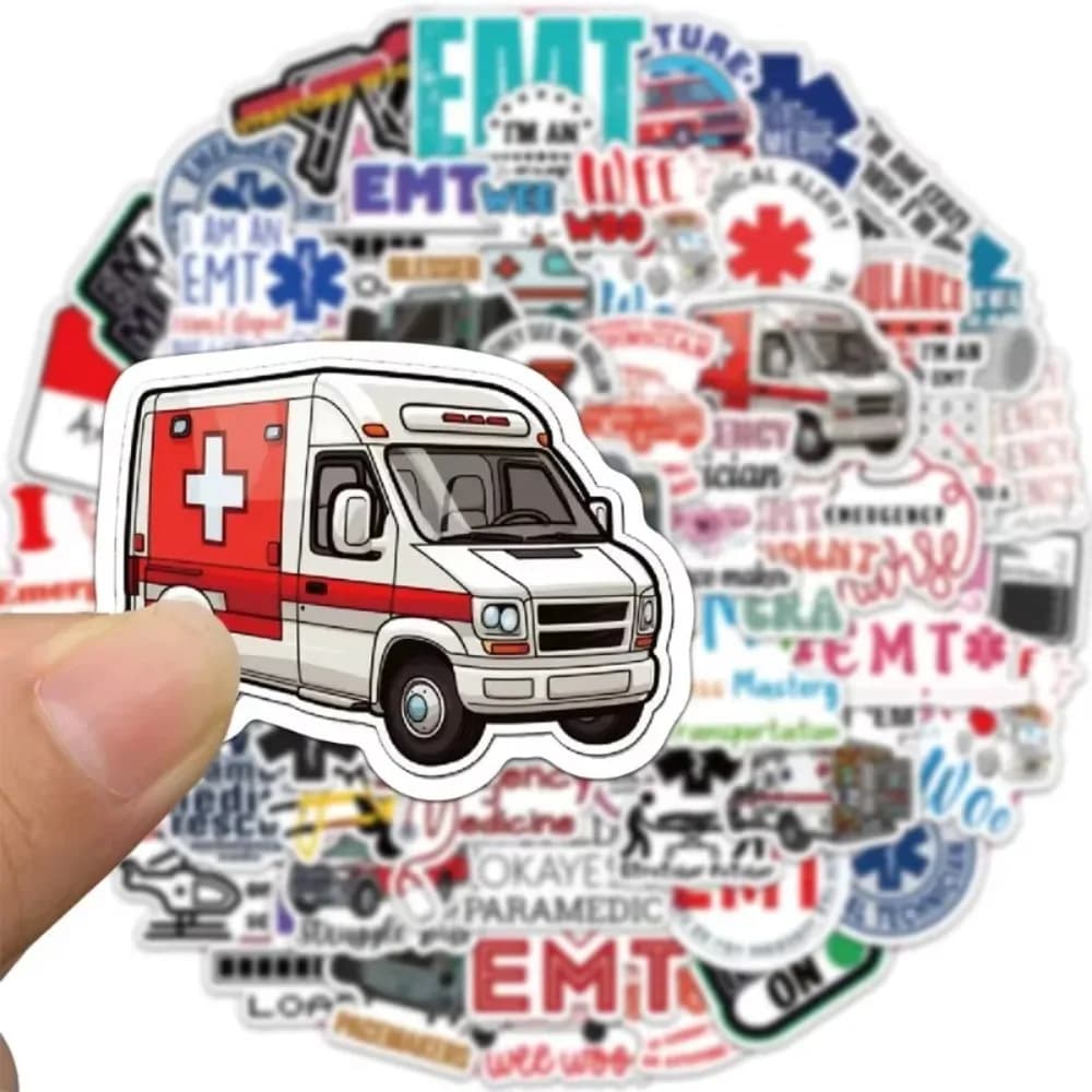 50 pieces of decal for emergency medical technician, cartoon, doctor, nurse, ambulance, luggage, skateboard, bike, wall helmet