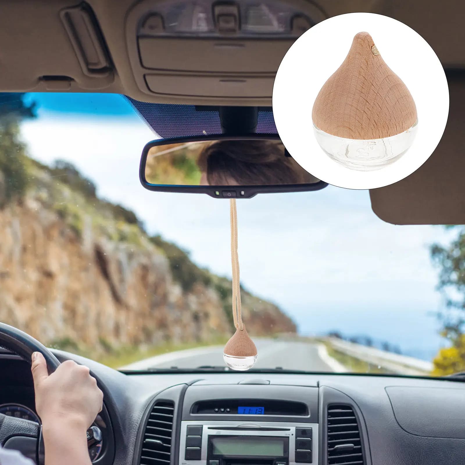 Set di 3 Diffusori a Goccia per Auto, Bottiglie in Vetro Ricaricabili con Coperchio in Legno, Deodorante per Oli Essenziali da Appendere allo Specchietto