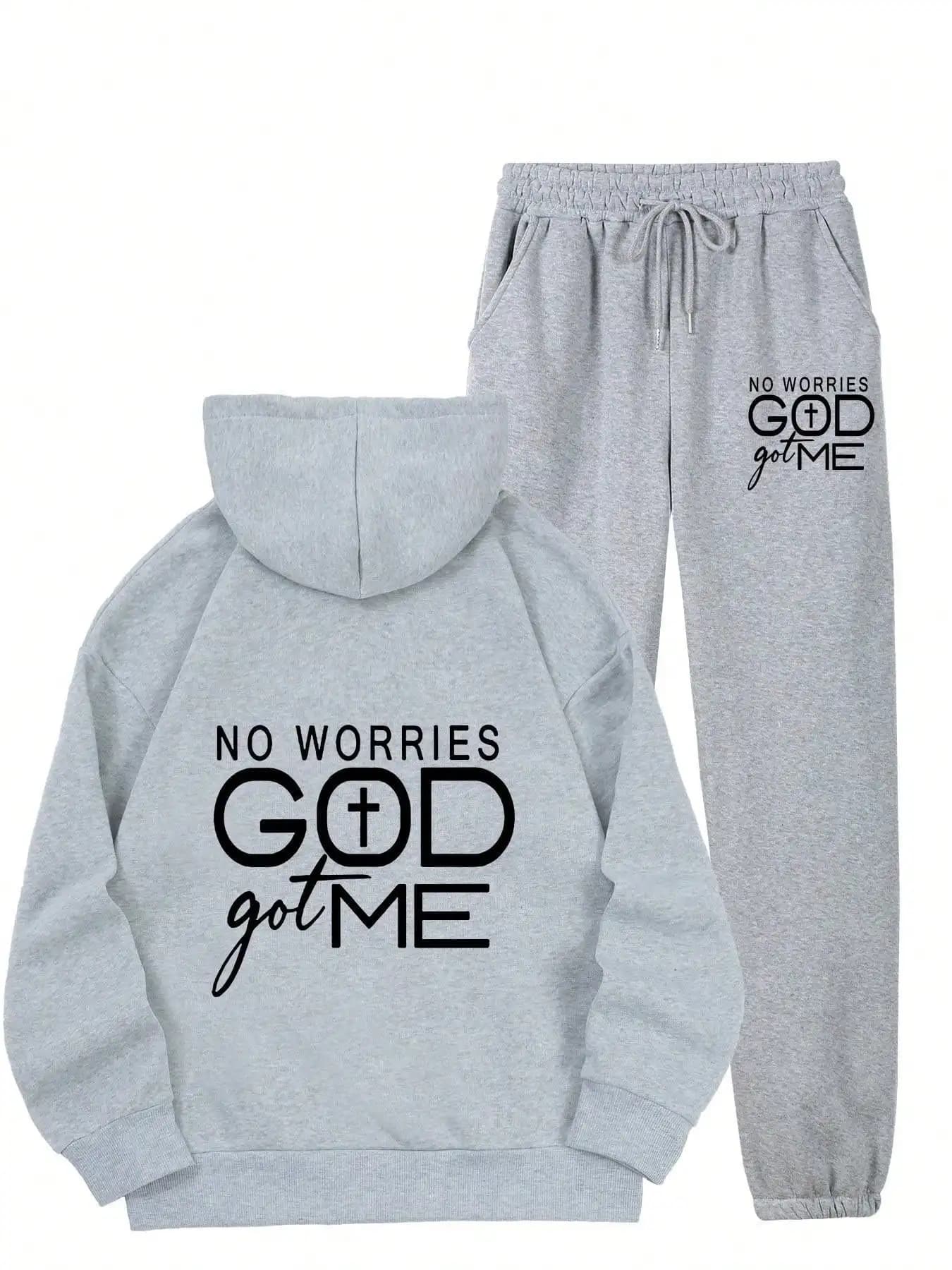 Set 2 Pezzi 'No Worries God Got Me' con Felpa Grafica e Pantaloni Sportivi, Tuta Casual Comoda