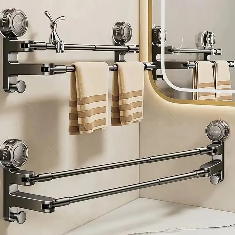 Adjustable Suction Cup Towel Holder Bathroom Hand Towel Rack Wall Mount No Drill Mount 50-85cm Towel Bar Aluminium with Hook