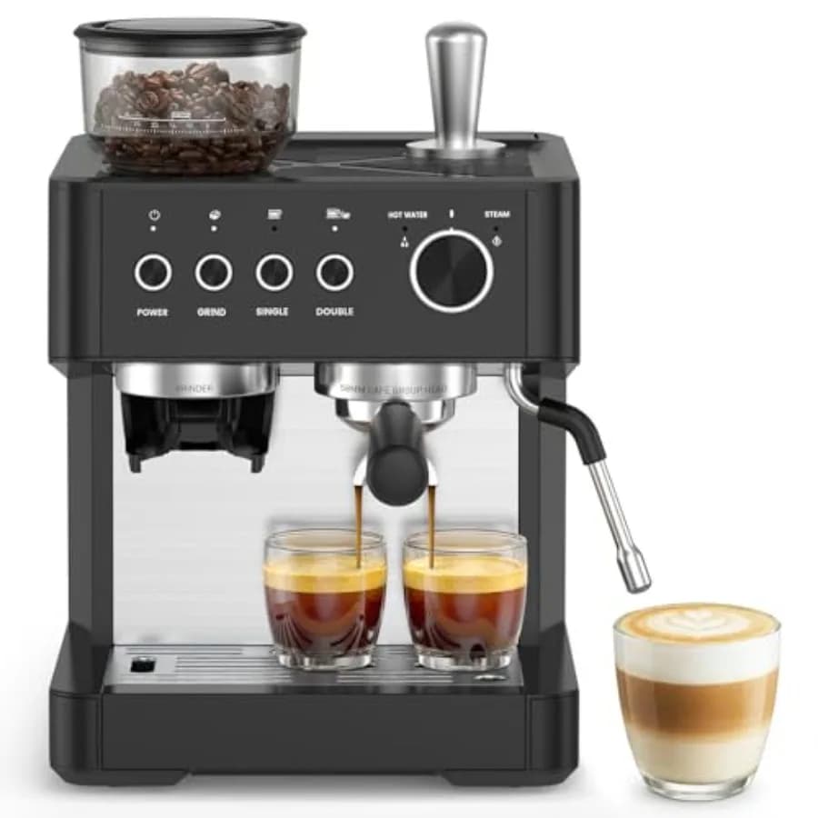 Macchina da Caffè Espresso 20 Bar con Macinacaffè Integrato per Cappuccino e Latte, in Acciaio Inossidabile Nero, con Lancia Vapore e Strumenti per Pressare il Caffè