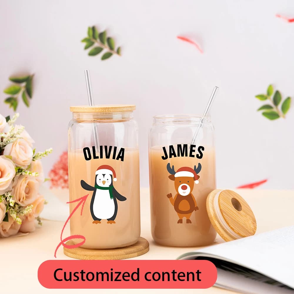 Personalized Glass for Christmas, Bottle for Coffee, Water, Juice, Transparent Cup Portable with Lid, Candle and Brush, Gifts for Party